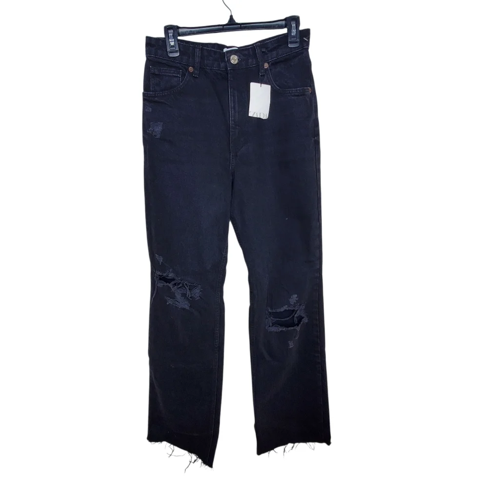 Zara Straight Leg Black Distressed Jeans Size 8 New #184